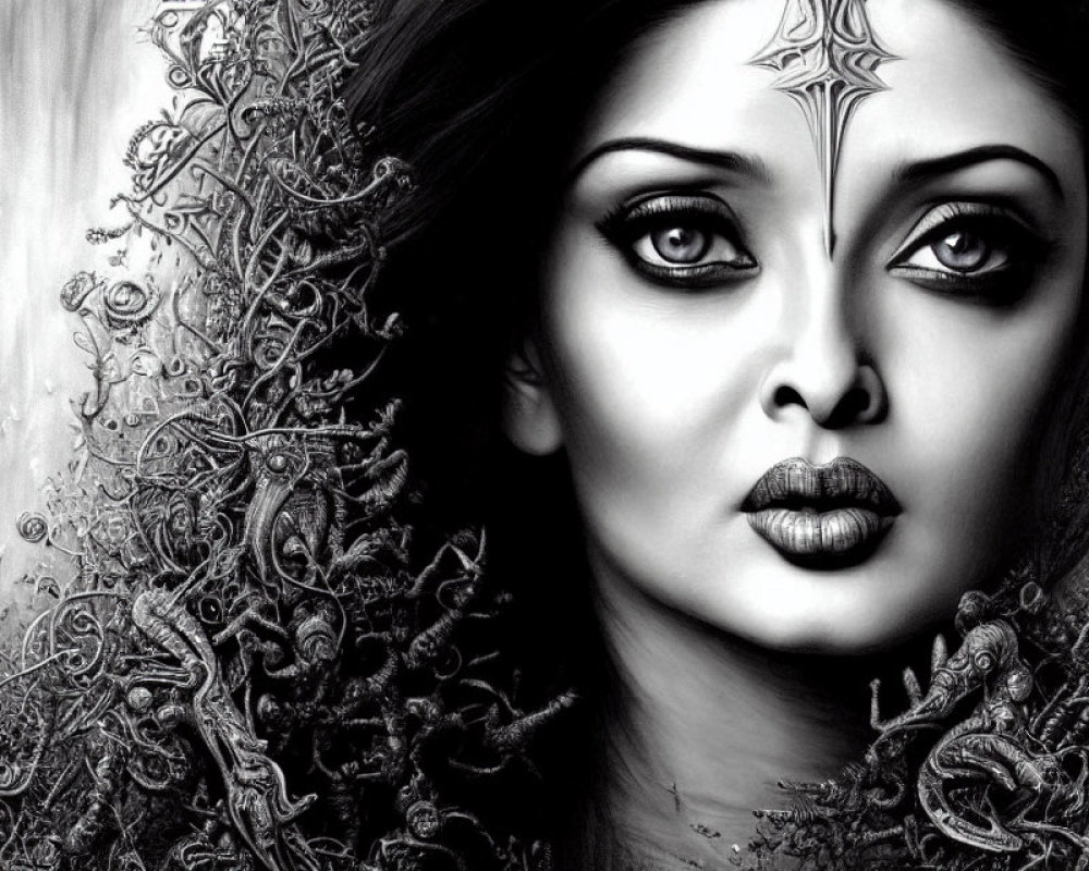 Monochrome artwork of a mystical woman with intricate patterns and captivating eyes