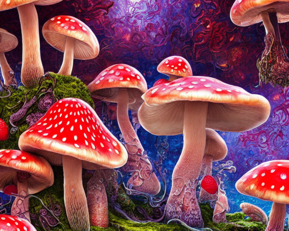 Colorful digital art of red-capped mushrooms in mystical forest landscape