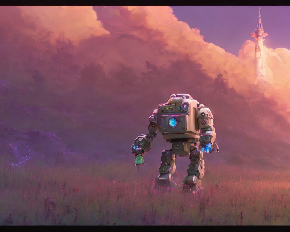 Glowing robot walking in purple field towards glowing tower