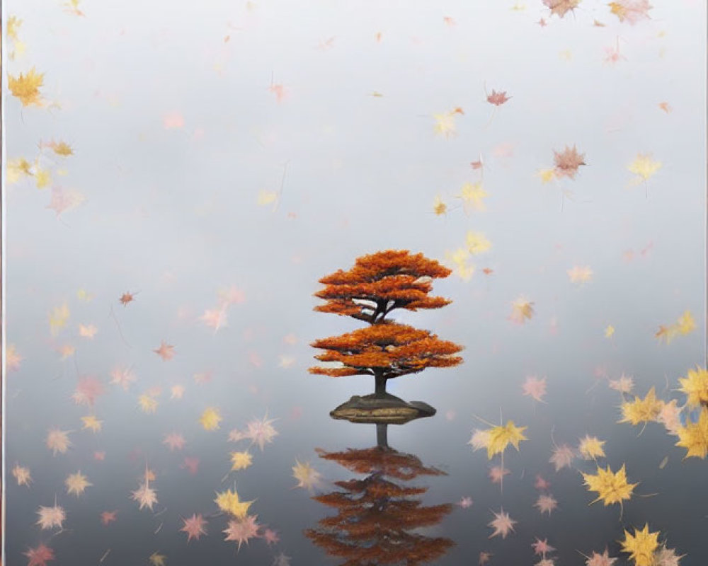 Solitary tree with reddish leaves reflected in calm water