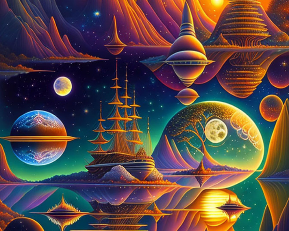 Fantasy cosmic landscape with mountains, ships, planets, moons