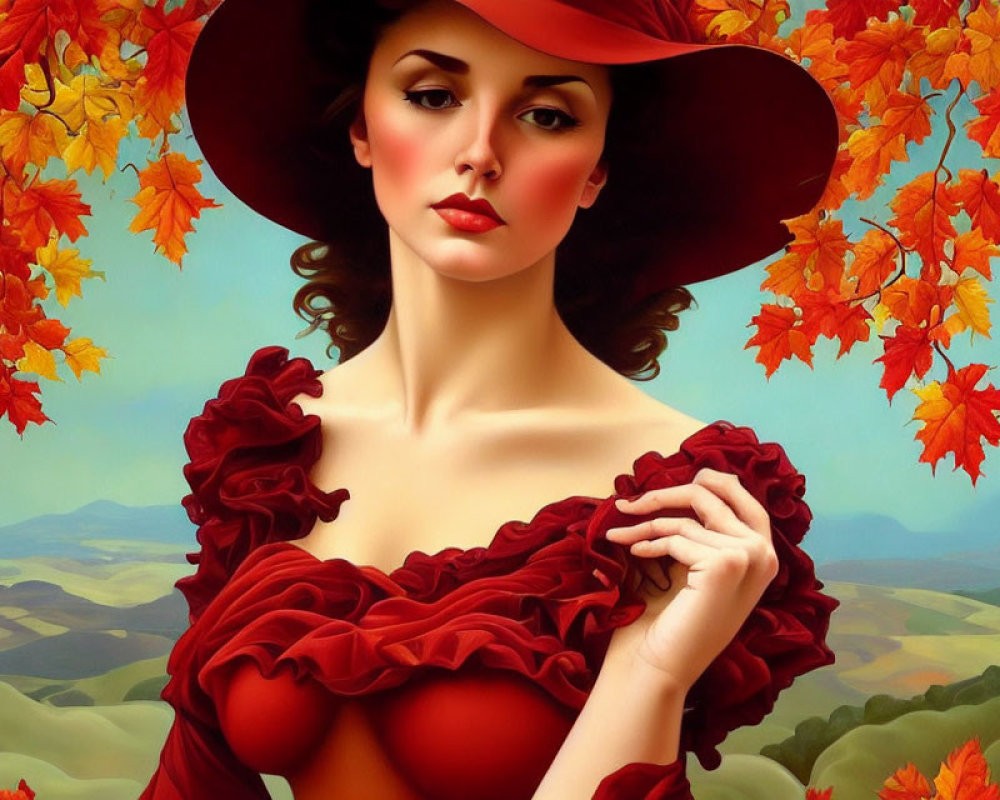 Portrait of Woman in Wide-Brimmed Hat Surrounded by Autumn Leaves