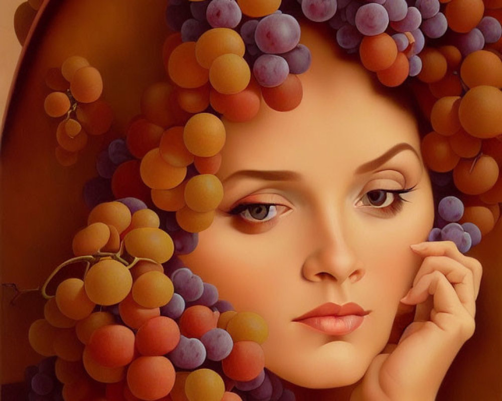 Colorful grape cluster headdress on woman in stylized portrait