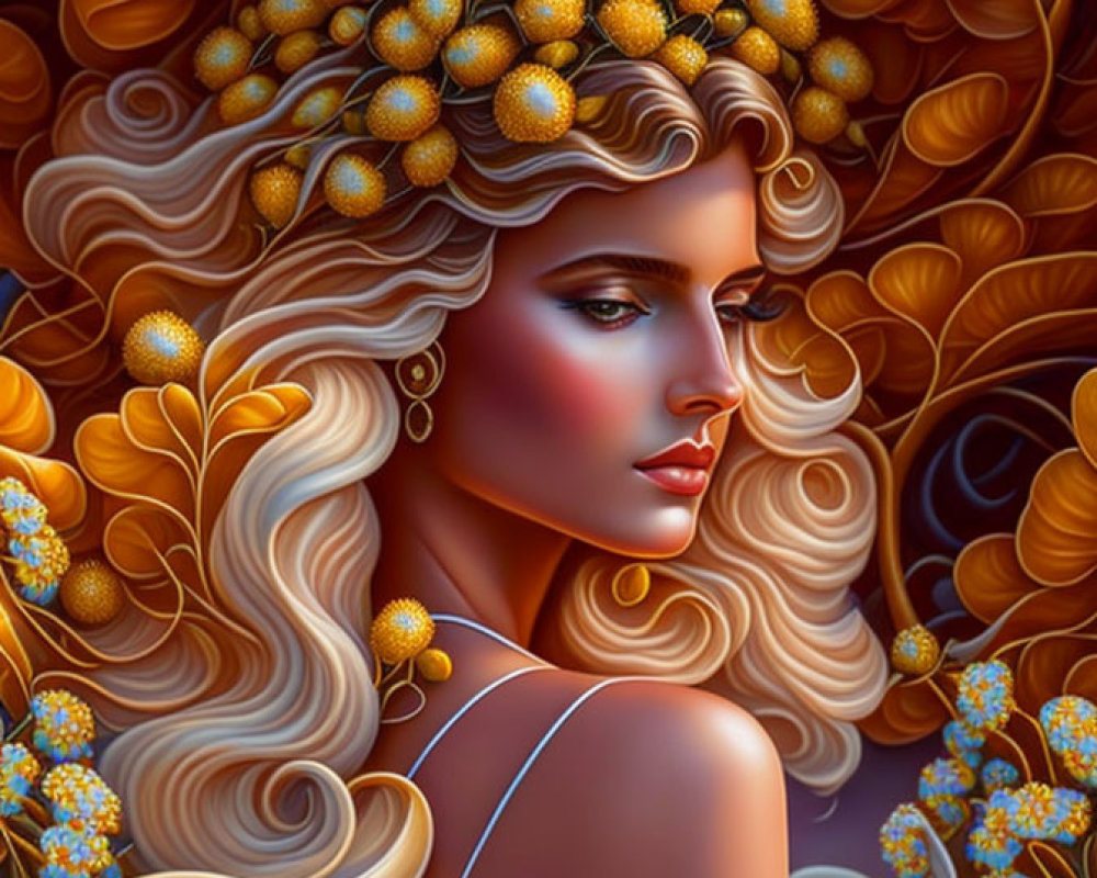 Blonde Woman with Golden Flower Adornments in Digital Art