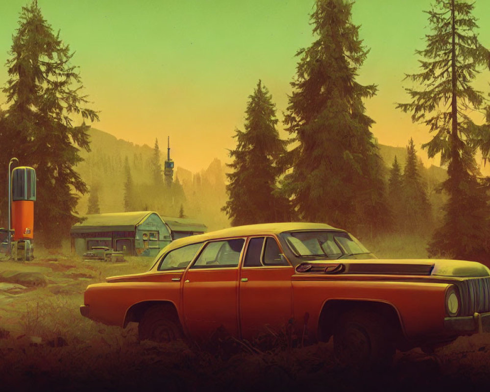 Vintage orange car in forest clearing at sunset with houses and water tower