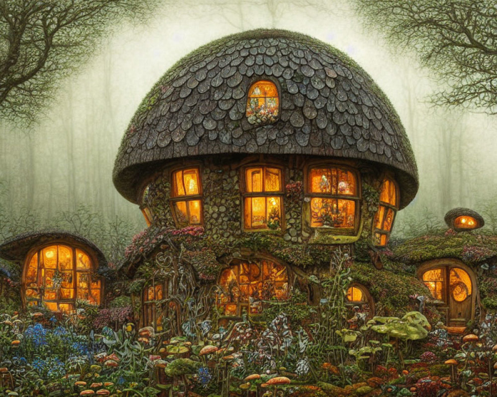 Whimsical mushroom-shaped cottage in mystical forest