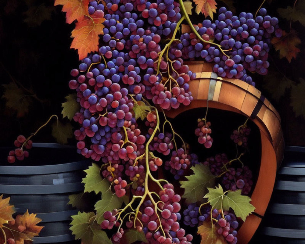 Colorful painting of purple grapes on wooden barrel against dark backdrop