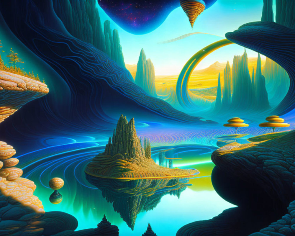 Surreal landscape with rivers, rock formations, islands, moons, and planets