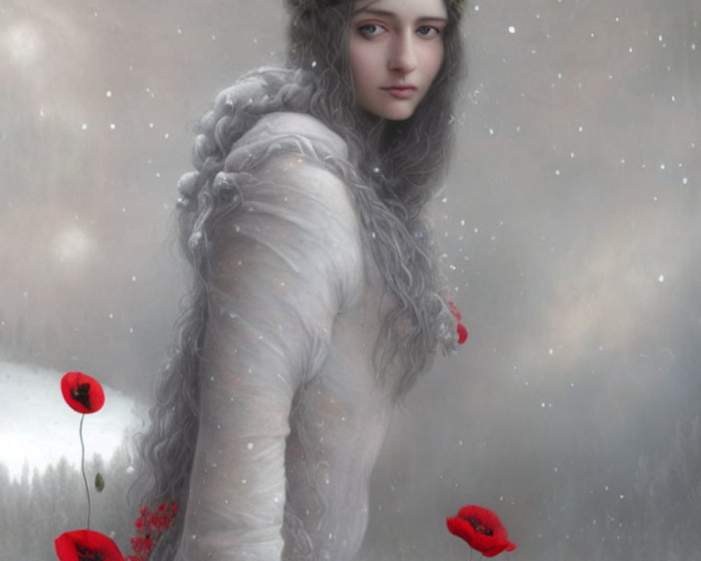 Portrait of woman with gray hair and floral headband in snowy field with red poppies, exuding