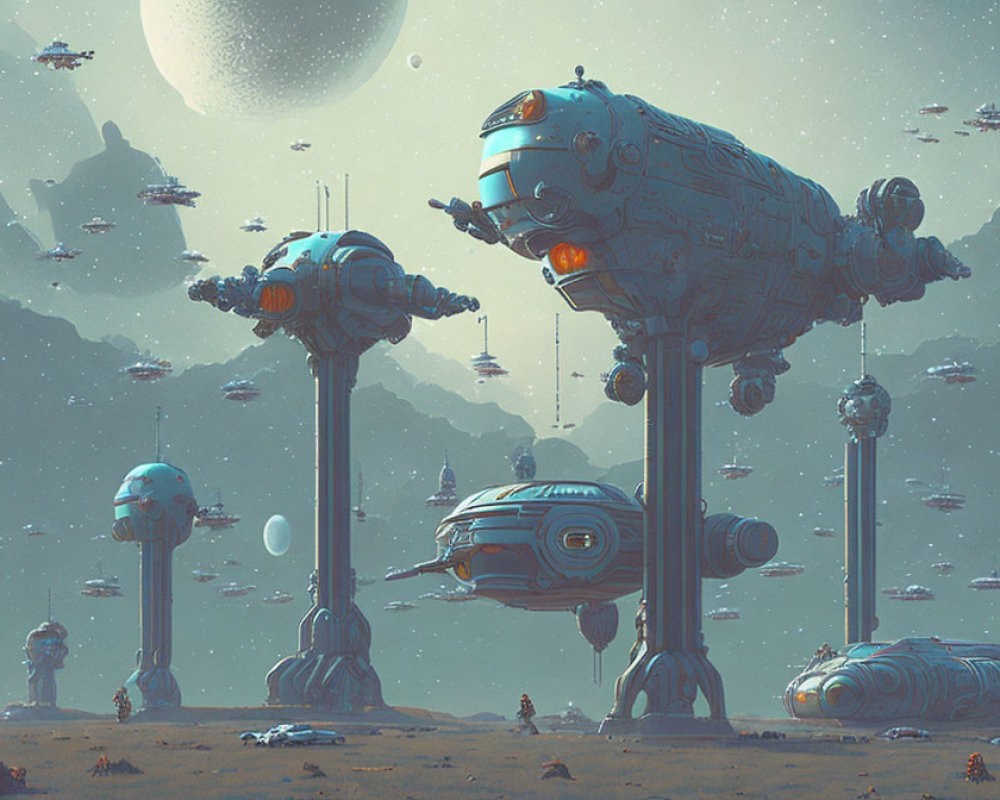 Sci-fi illustration of robotic structures in alien landscape