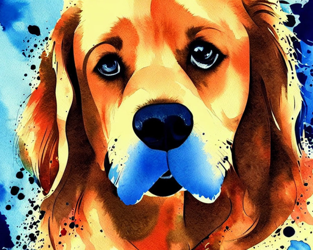 Colorful Watercolor Painting of Beagle with Blue Hues