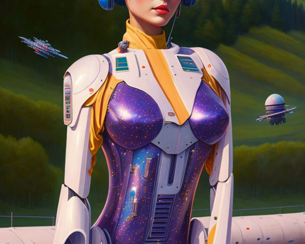 Female android with space-themed torso and headphones in futuristic setting.