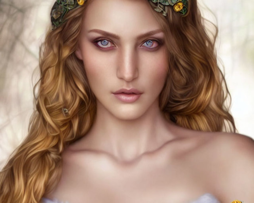 Portrait of woman with wavy blonde hair, blue eyes, floral headband, and white garment with