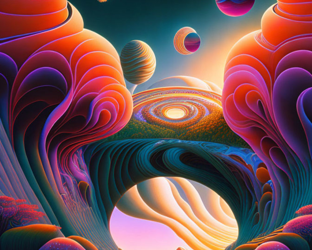 Colorful Psychedelic Landscape with Swirling Patterns and Floating Spheres