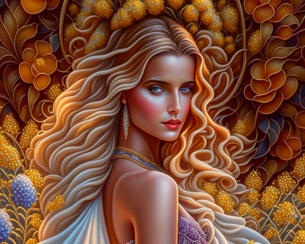 Illustrated portrait of woman with long hair and blue eyes on golden floral background