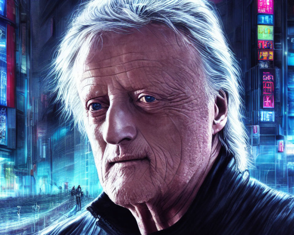 Elderly man with intense eyes in cyberpunk setting