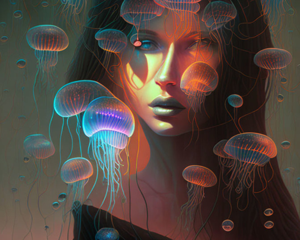 Glowing jellyfish surround woman in neon colors