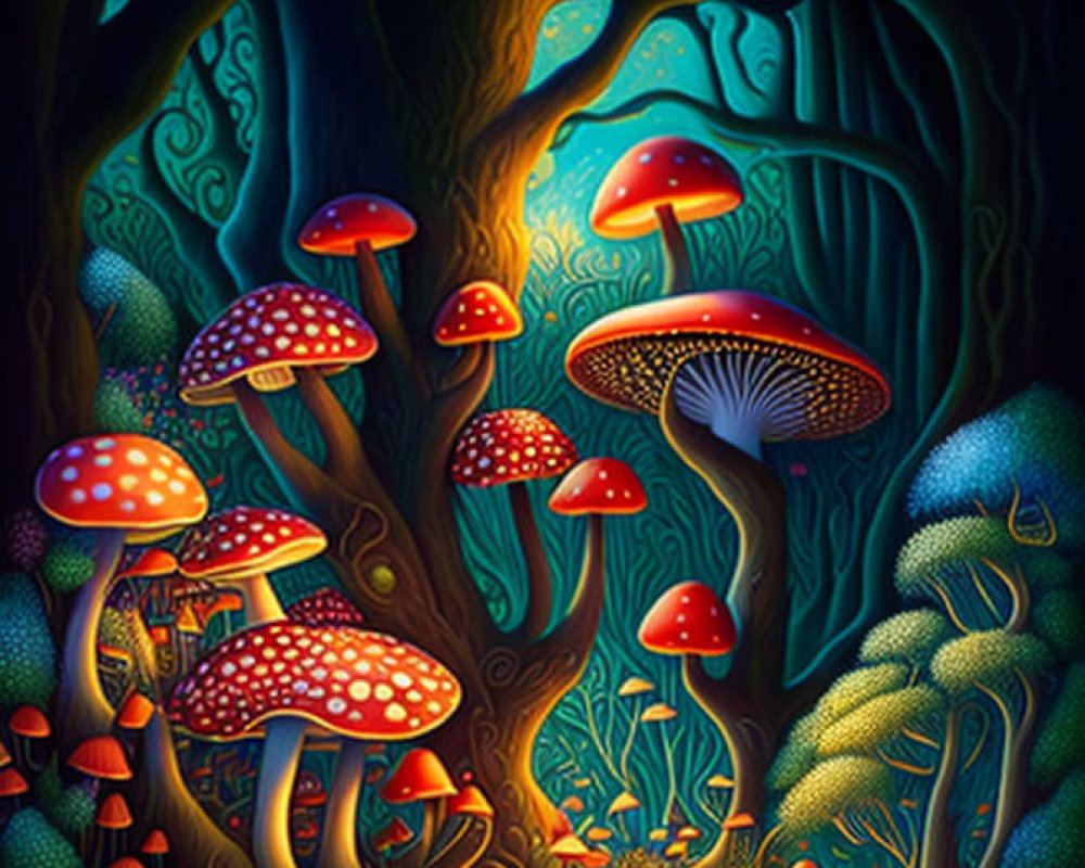 Fantasy-style illustration of red mushrooms in enchanted forest