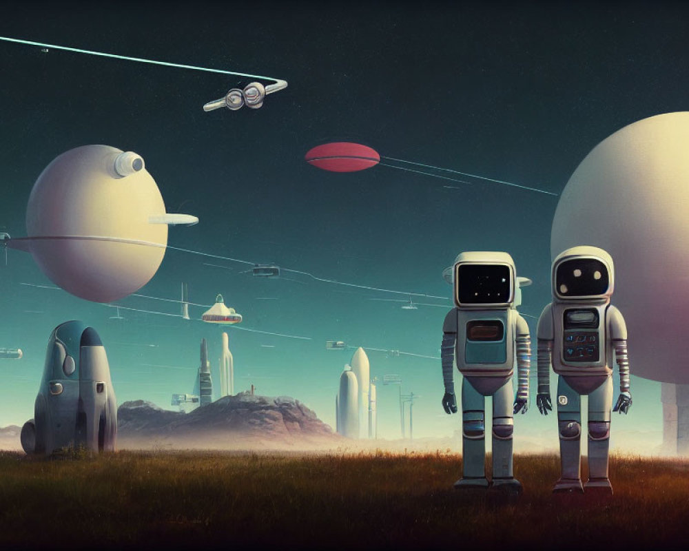 Retro-futuristic robots in surreal landscape with floating cities