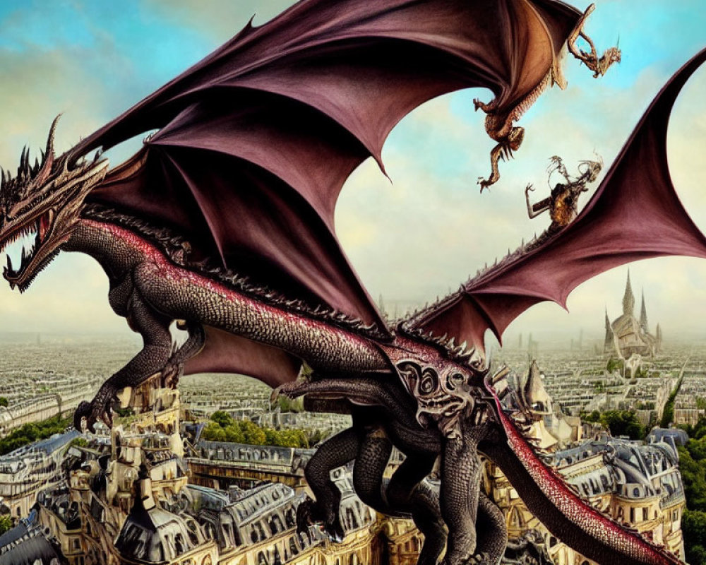 Two large dragons flying over cityscape with iconic landmarks visible