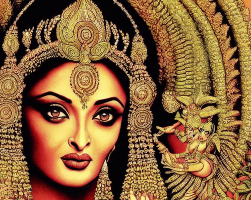 Detailed Indian Goddess Artwork with Gold Jewelry on Red Background