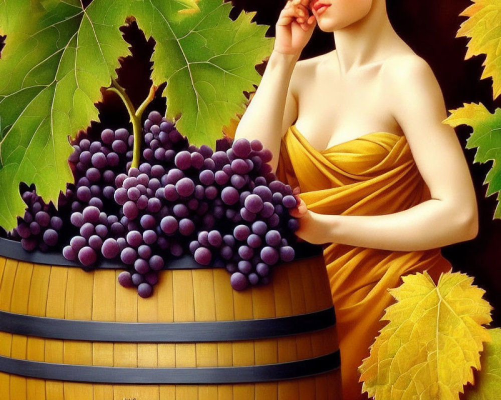 Person in yellow garment near wooden barrel and grapes in painting.