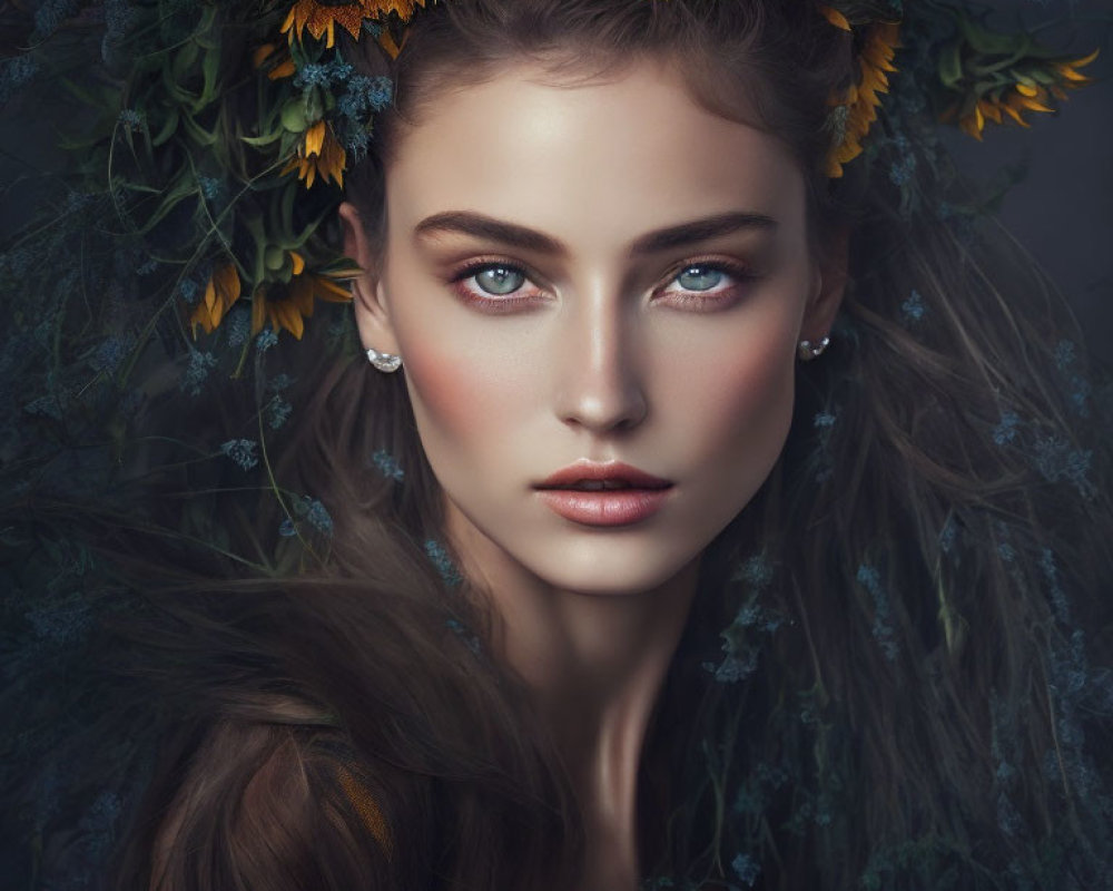 Woman with Sunflower Floral Headdress and Dramatic Makeup