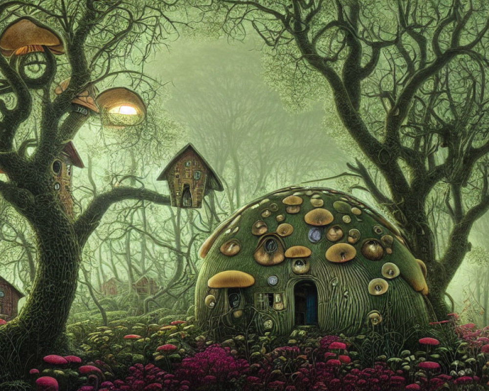 Enchanting forest scene with mushroom house and vibrant flora