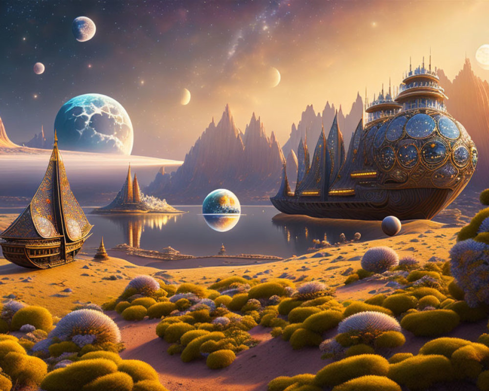 Fantastical landscape with ornate ship-like structures on arid terrain