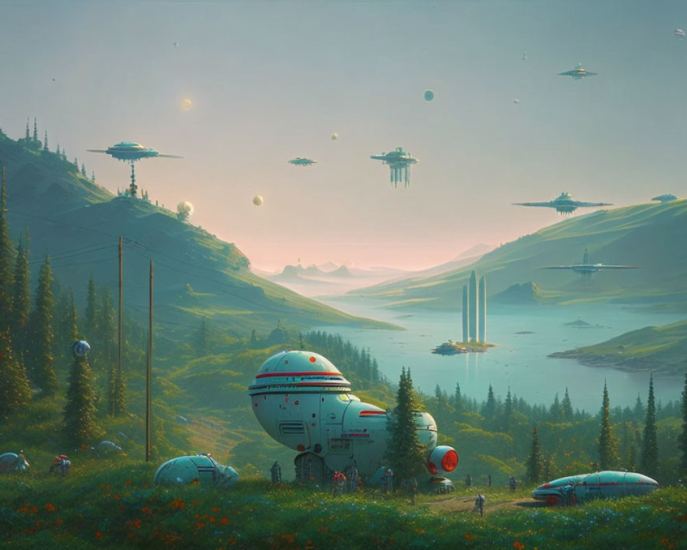 Futuristic landscape with lush greenery, flying vehicles, and advanced structures amid rolling hills