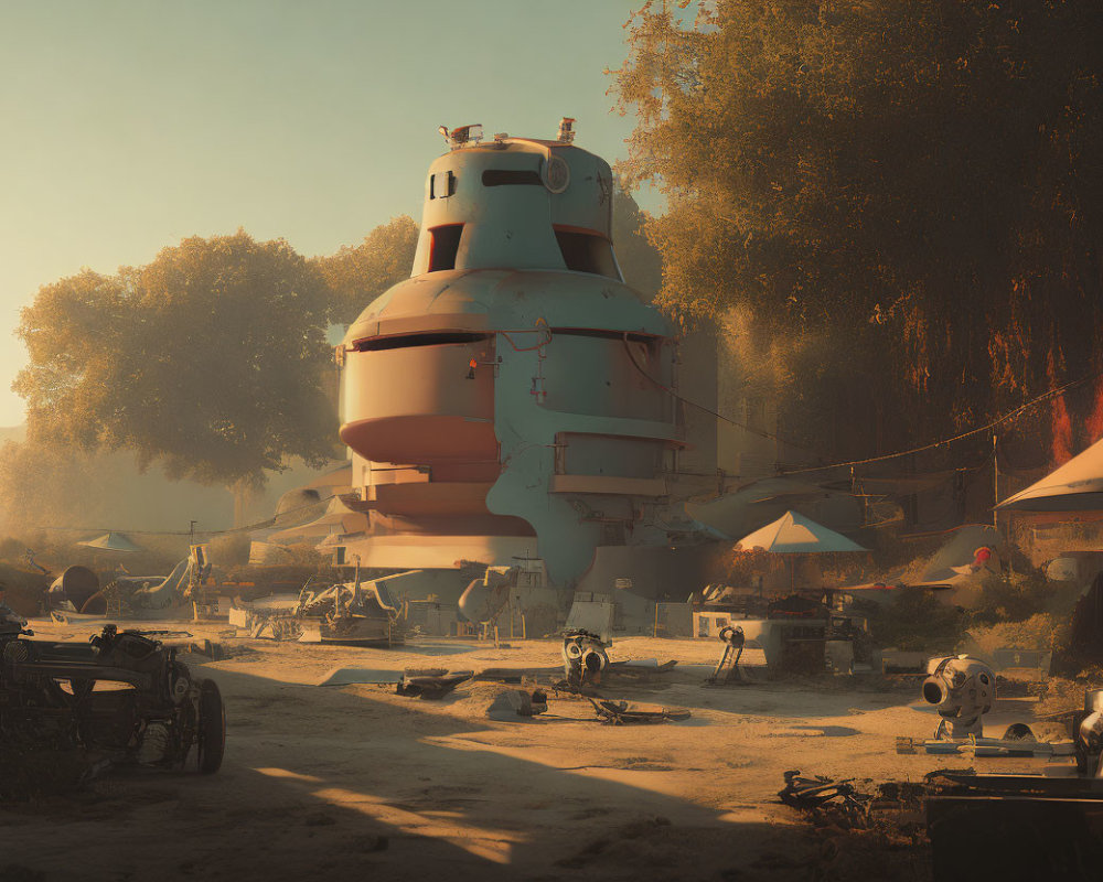 Retro-futuristic spaceship in warm, golden-lit camp