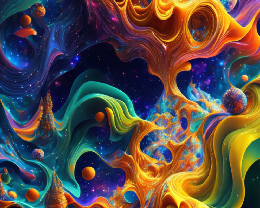 Colorful Abstract Cosmic Scene with Swirling Patterns and Celestial Bodies