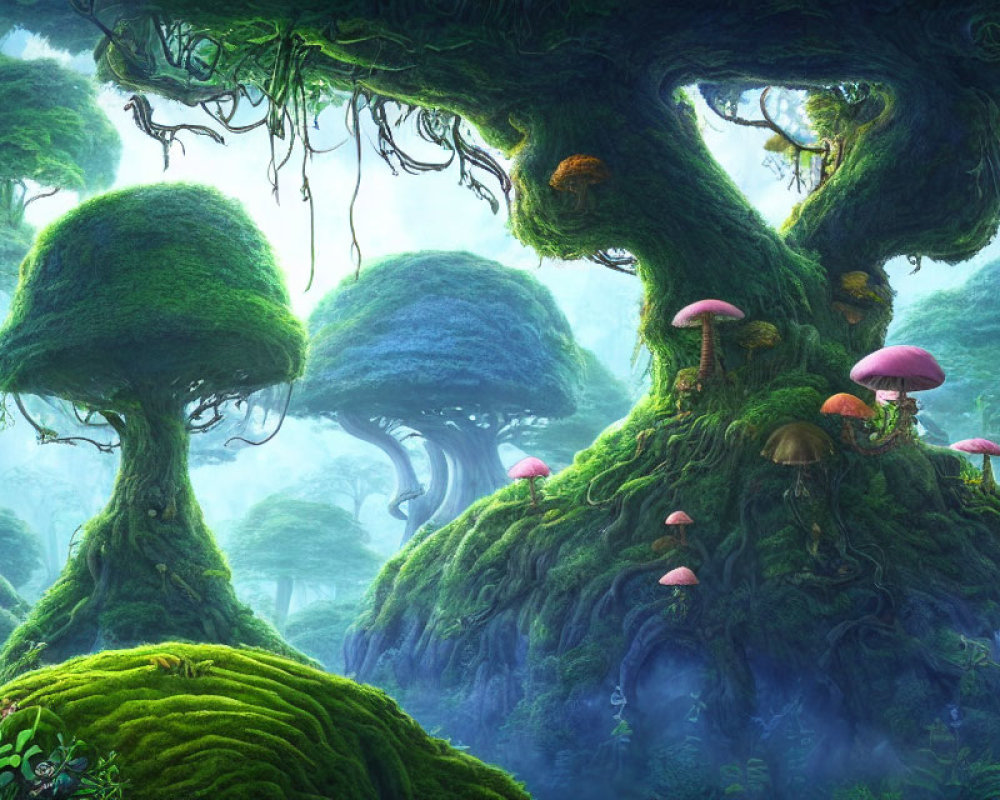 Enchanting forest scene with towering trees, pink mushrooms, and ethereal mist