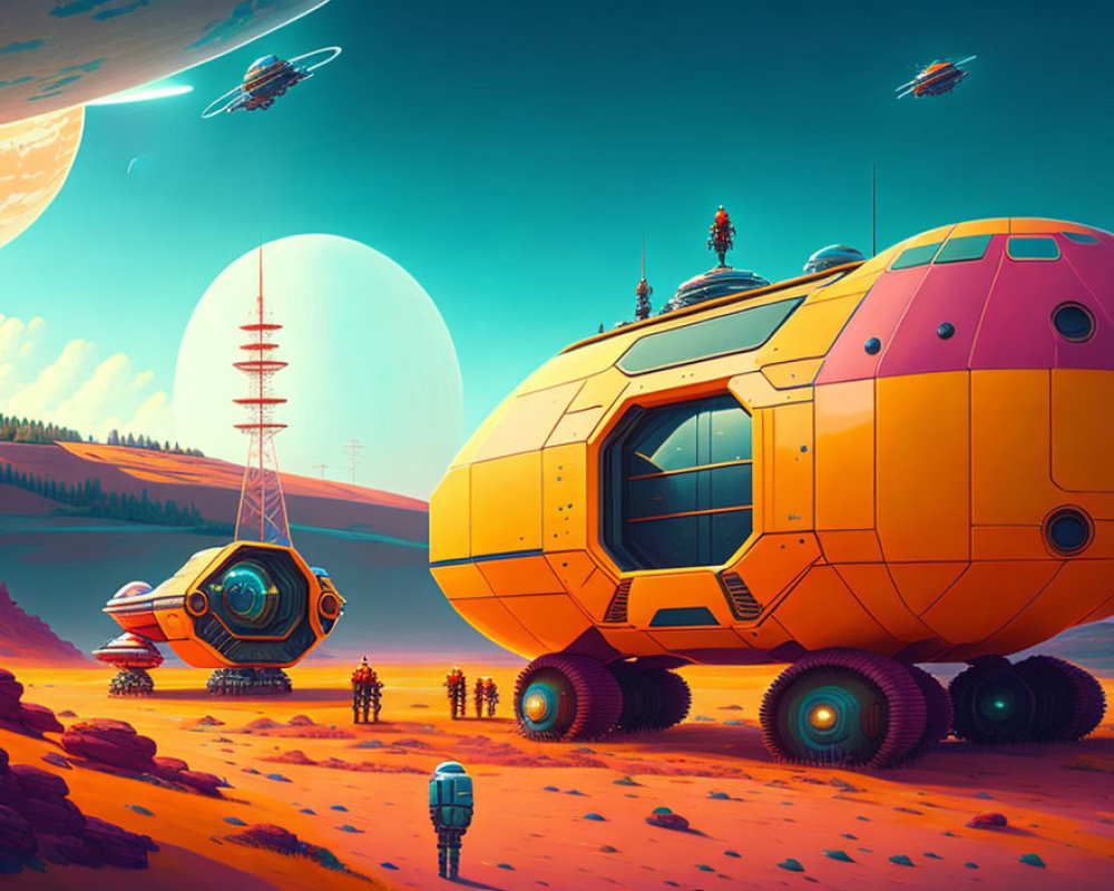 Futuristic sci-fi landscape with astronauts, vehicles, and alien sky