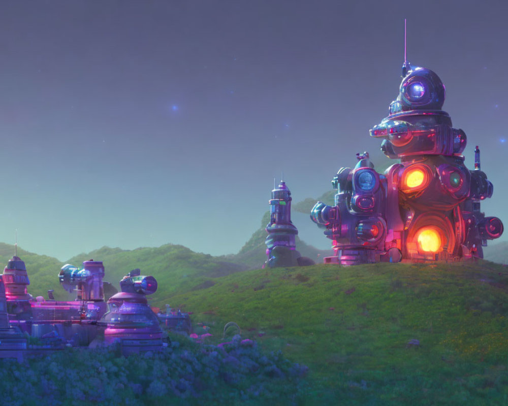 Futuristic twilight scene with illuminated domed structures on grassy field