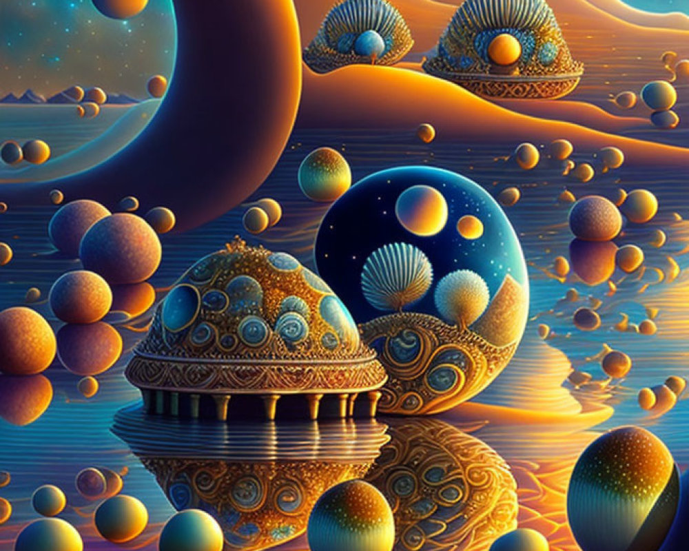 Surreal landscape with dome-like structures and floating spheres on watery surface