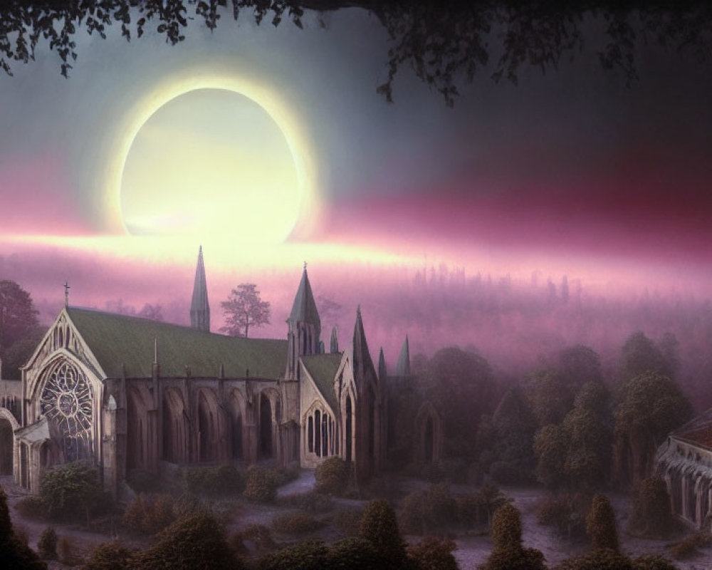 Gothic church in misty forest under eclipsed sun with pink and purple sky