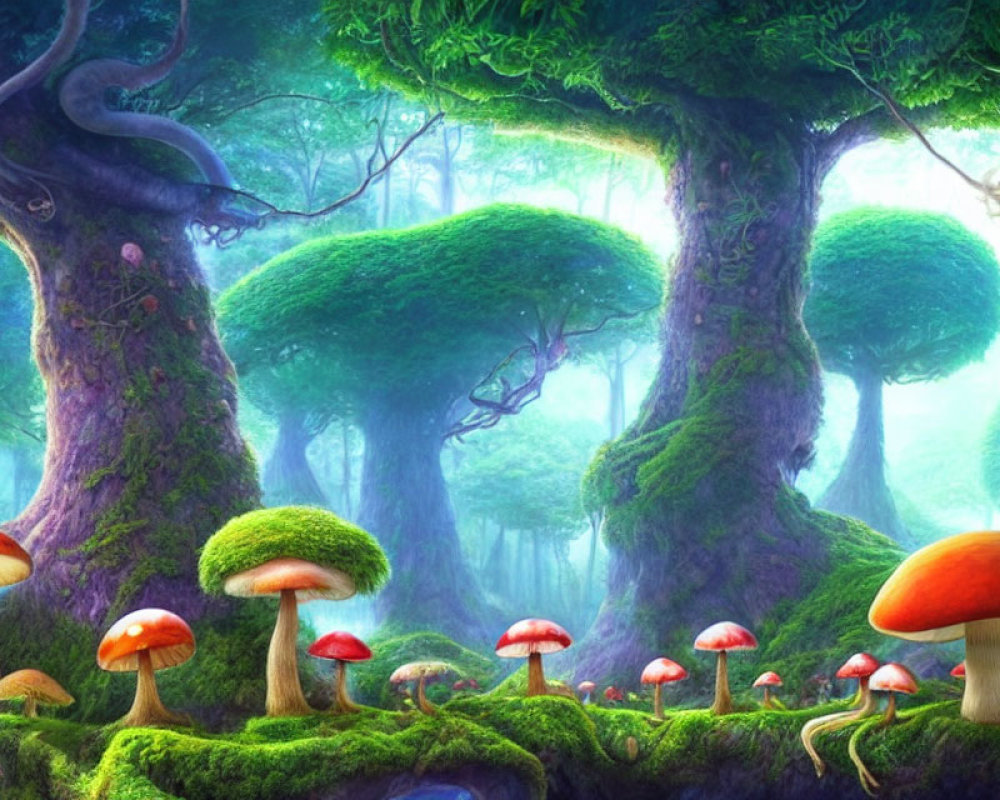 Lush Moss-Covered Trees & Colorful Mushrooms in Enchanted Forest