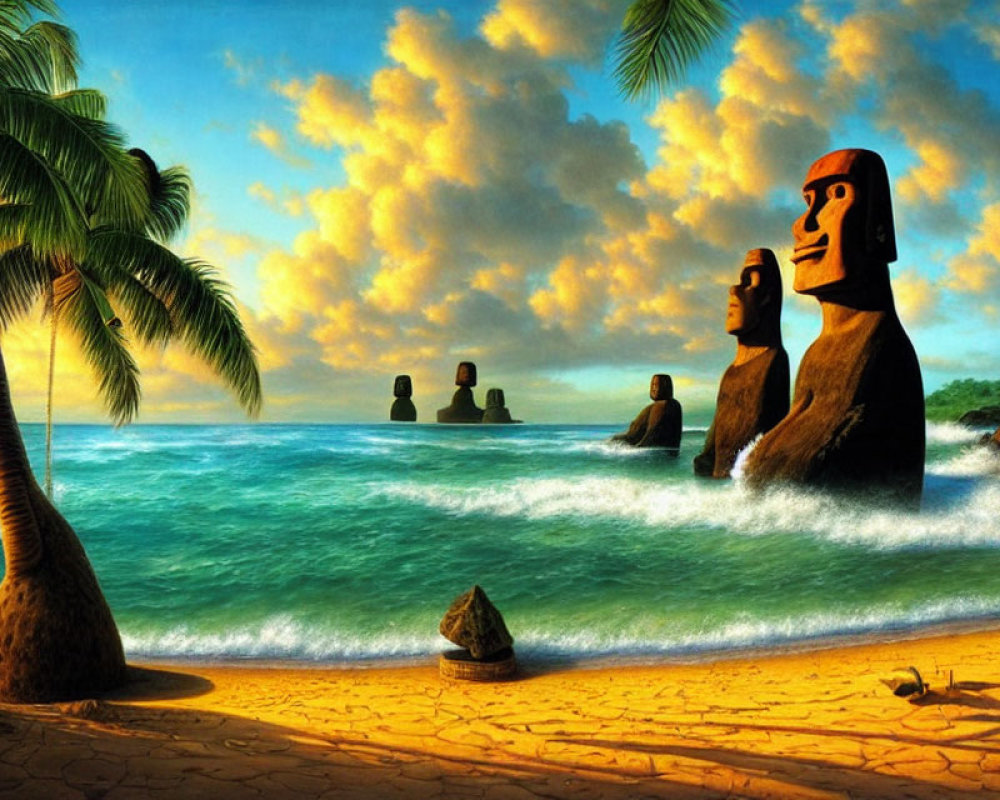 Sunset beach scene with Moai statues, palm trees, and vibrant clouds