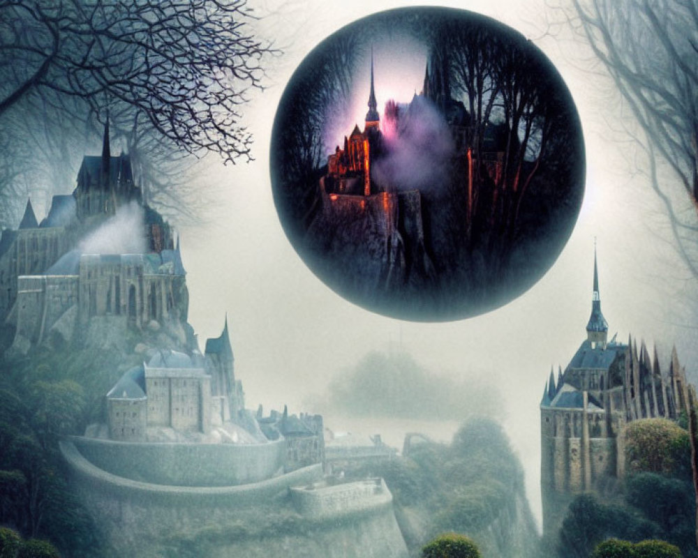 Mystic castle in fog with bare trees and illuminated night view magnified orb