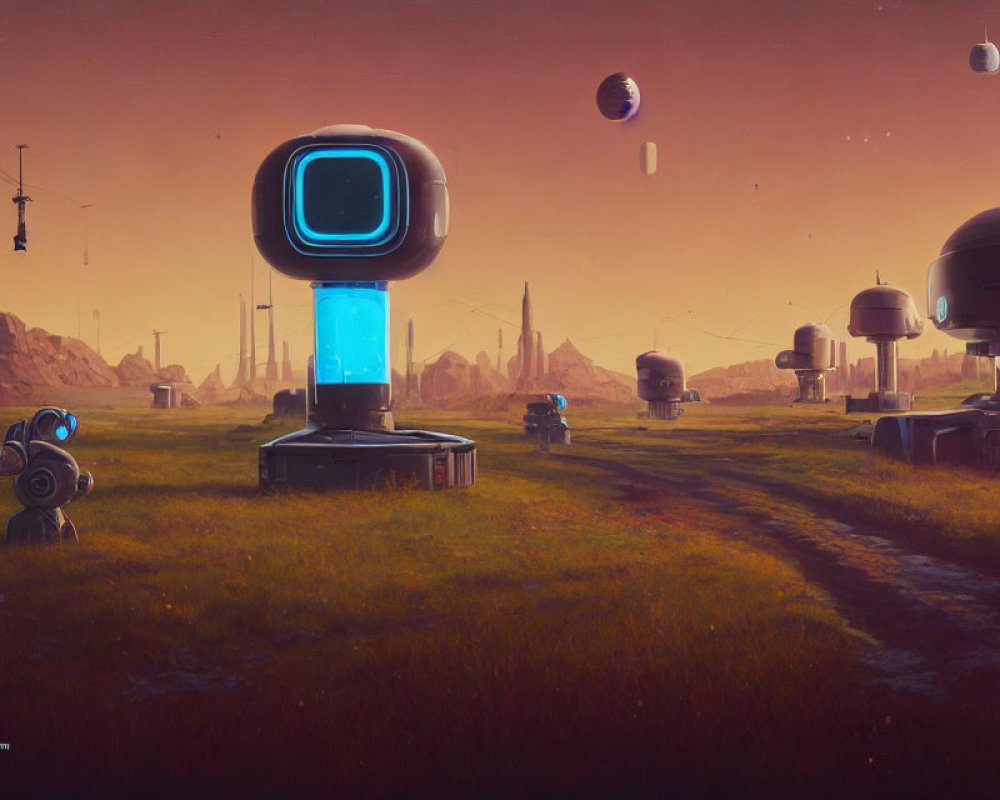 Sci-fi landscape with floating orbs, robots, and futuristic structures under an orange sky