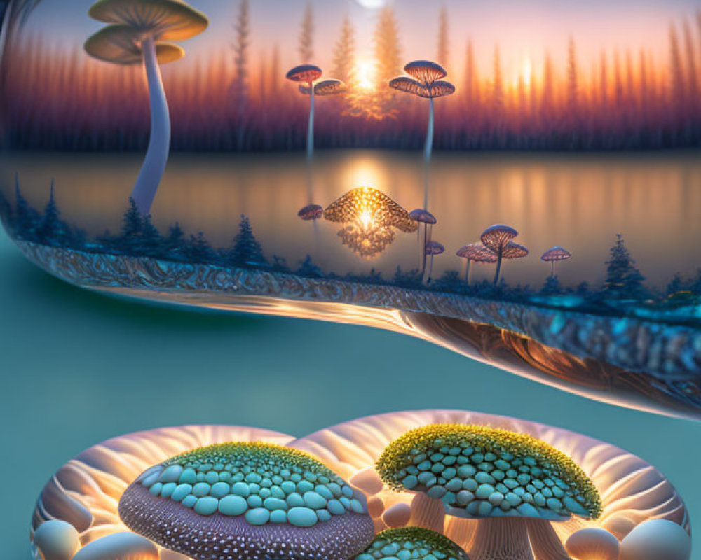 Surreal landscape with oversized mushrooms, serene lake, forest backdrop, and glass-like bubble.