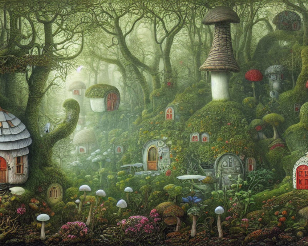 Enchanting forest with mushroom houses and vibrant flora