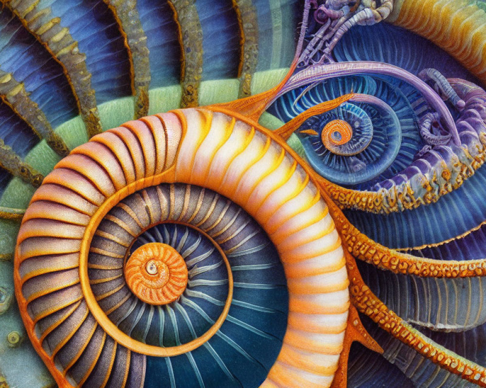 Vibrant nautilus shell spiral patterns in orange, brown, and blue