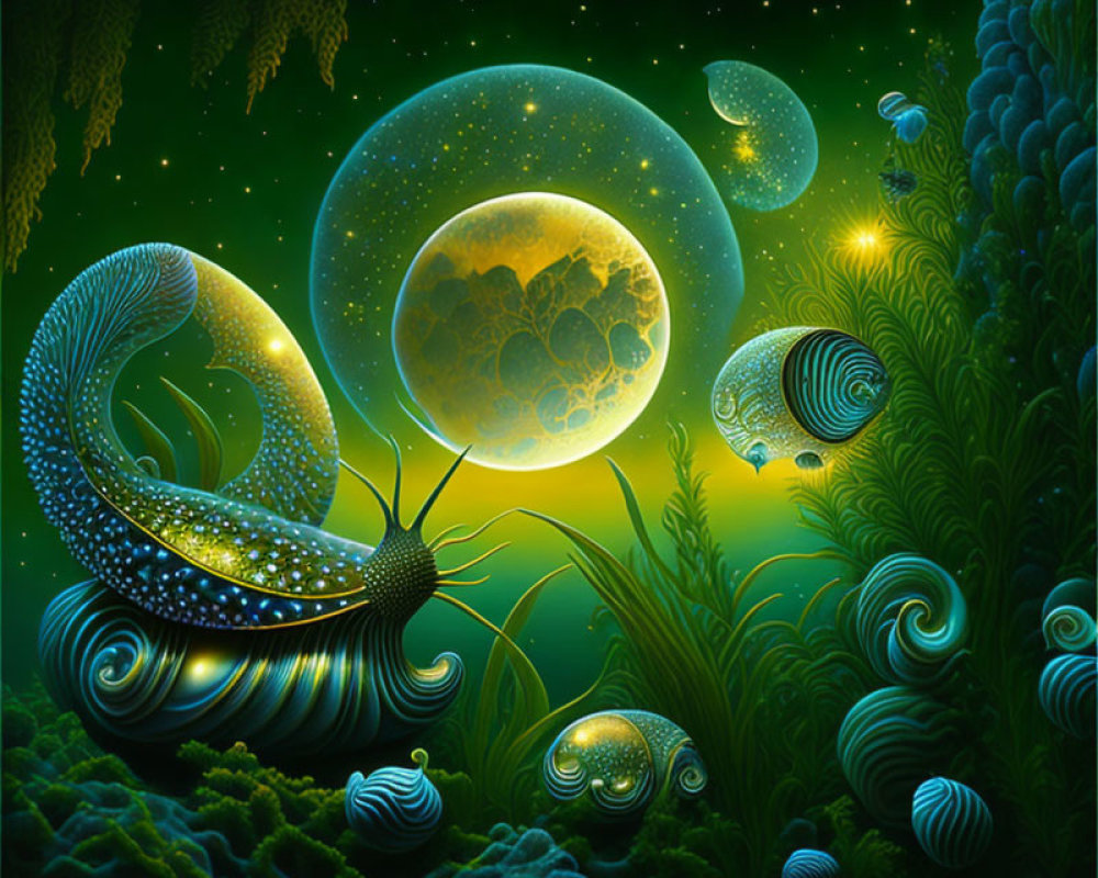 Fantastical landscape with luminescent flora and fauna under night sky