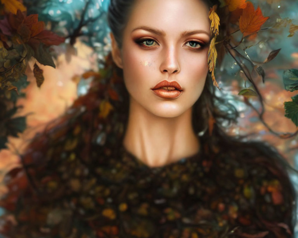 Digital portrait of woman in autumn leaves with serene gaze.