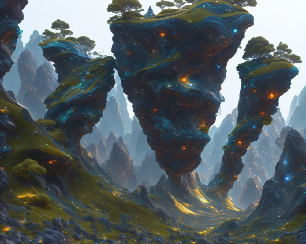 Surreal fantasy landscape with floating rock formations above glowing grassy terrain