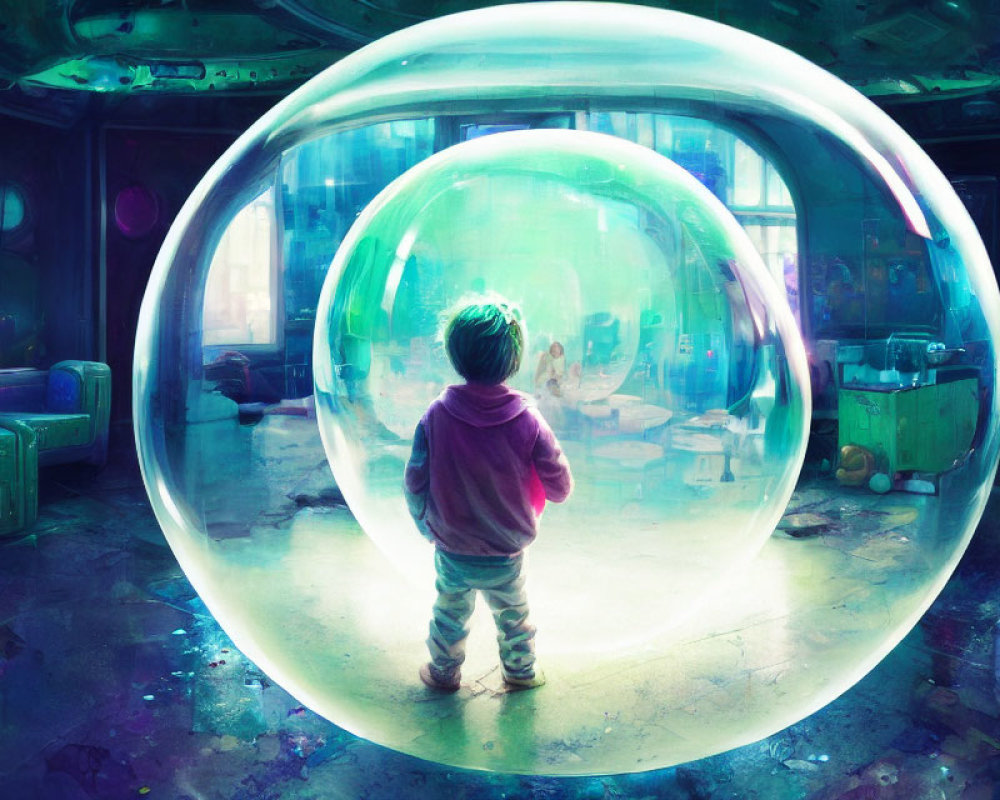 Child in Purple Hoodie Stands in Iridescent Bubble Room