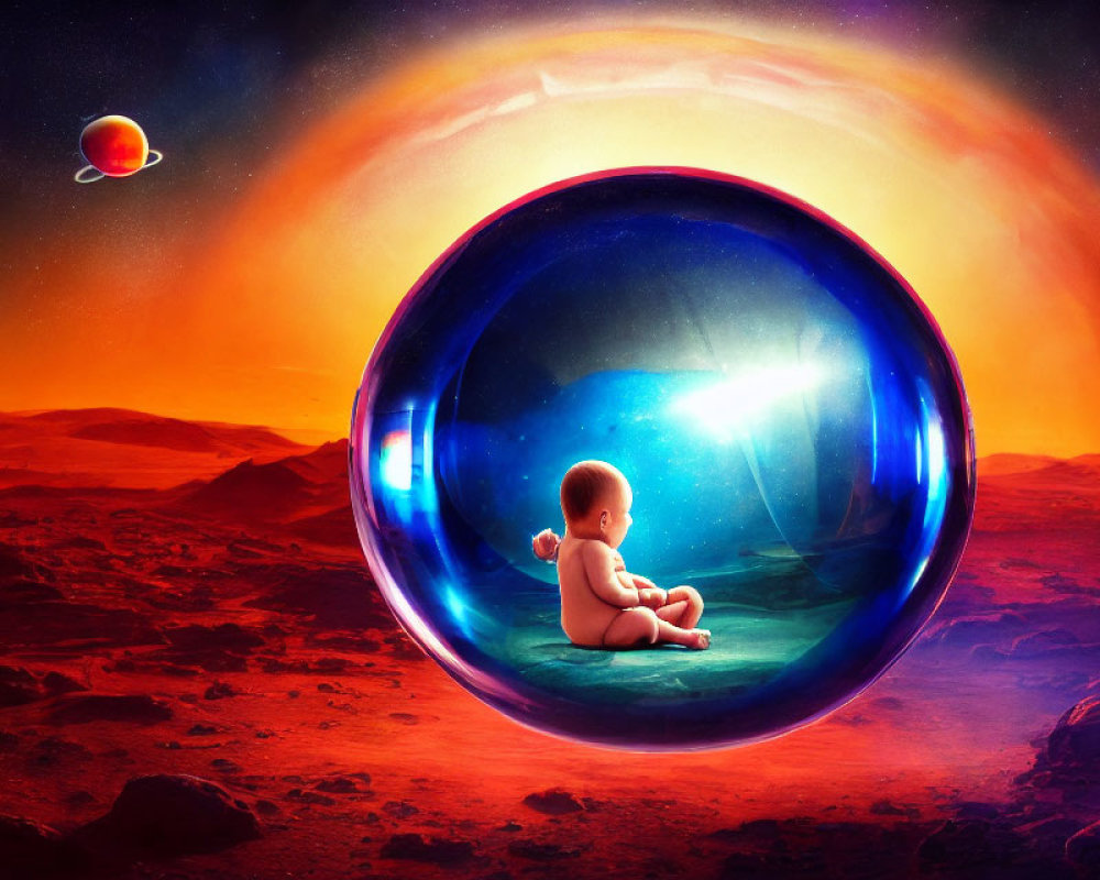 Baby in translucent bubble on Mars-like surface with radiant sky and planets