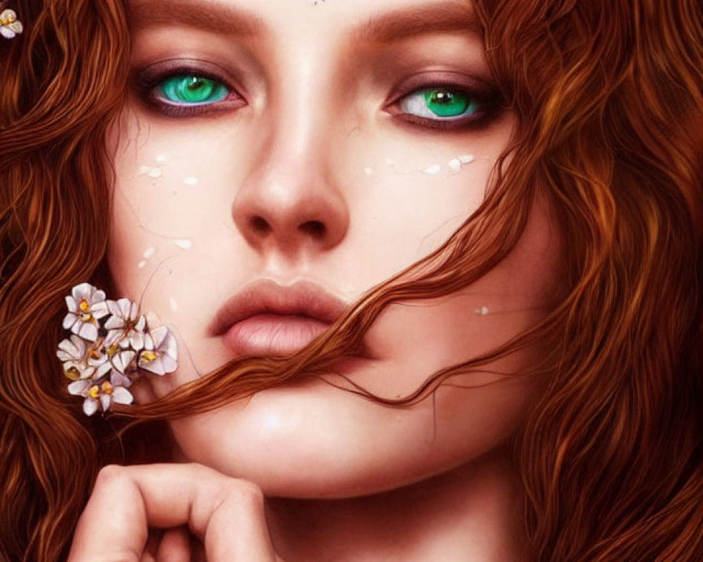 Detailed illustration: Woman with vibrant green eyes and floral headpiece in auburn hair